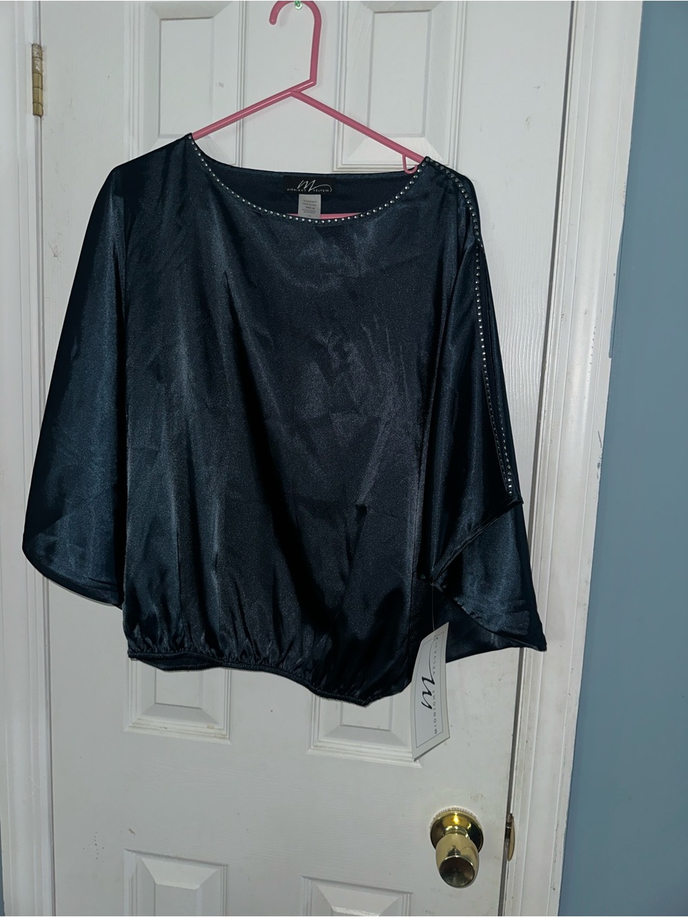 Velvet Black Satin Dolman Sleeve Blouse with Stud Trim